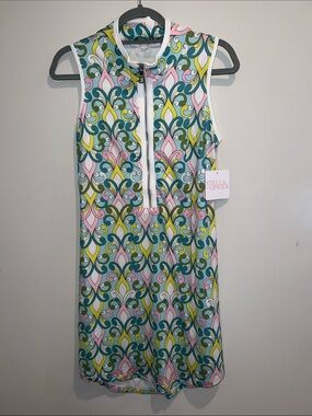 Sleeveless Floral-Print Shift Dress in Teal/Pink
